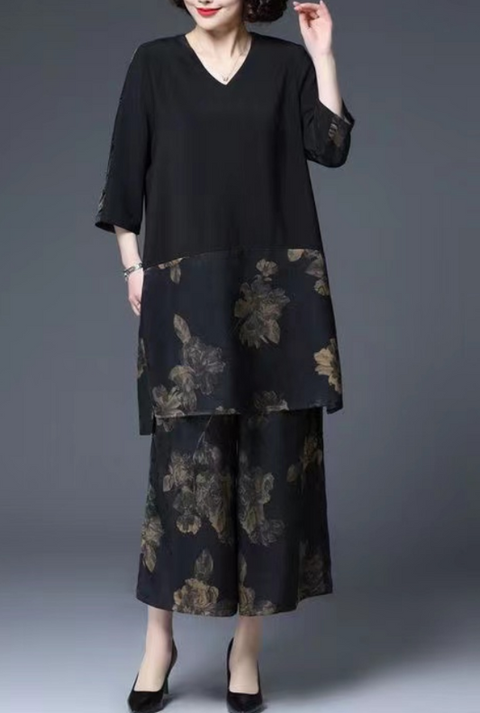 French Black Loose V Zero Patchwork Shirt + Wide Leg Pants