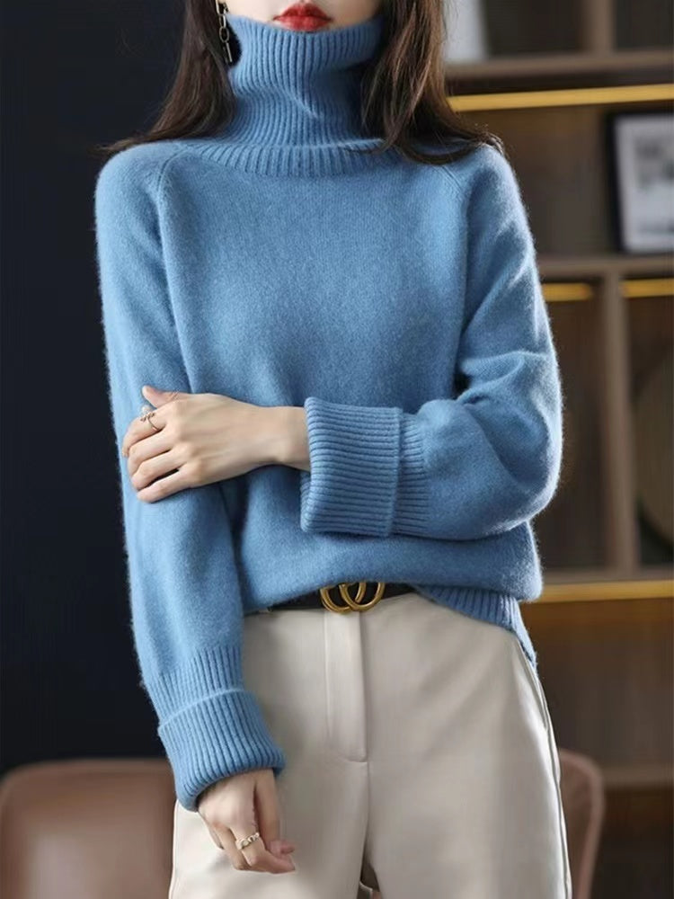 French High Neck Cashmere Knit Sweater Top