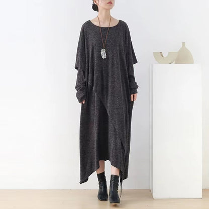 Loose Thin Gray Linen Dress Long Sleeve