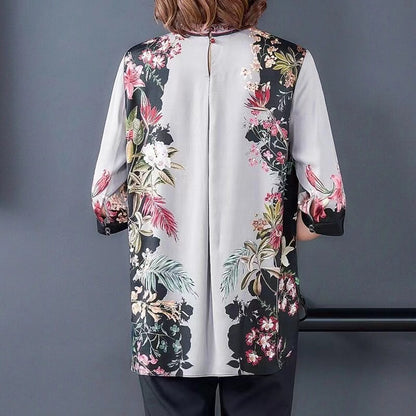 Fashion Standing Collar Printed Side Split Silk Half Skirt Shirt Top