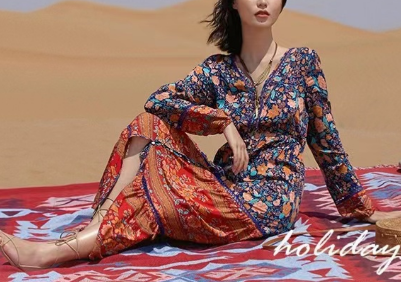 Bohemian V-Neck Button Clash Beach Long Sleeve Dress