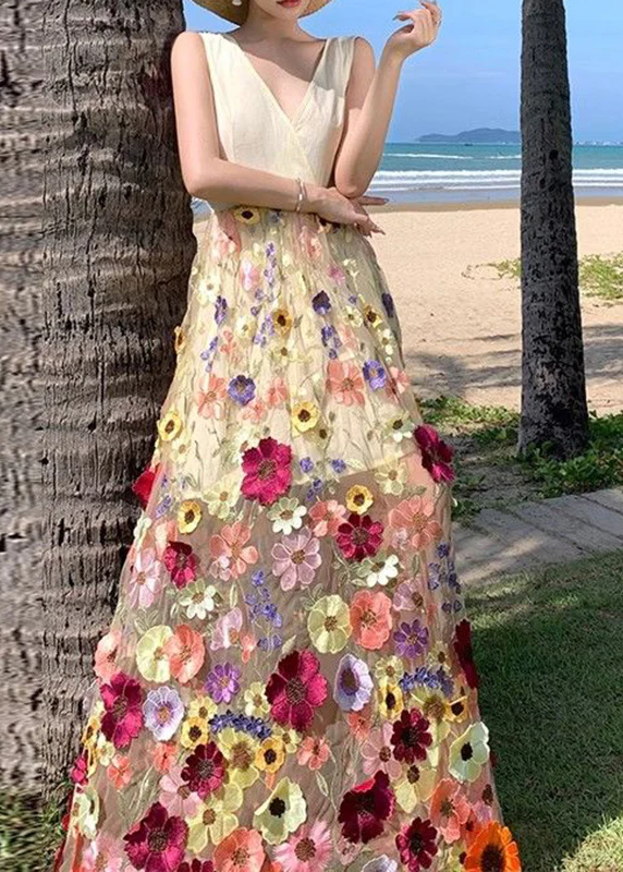 French V-Neck Tulle Embroidered Patchwork Floral Tulle Sleeveless Long Dress