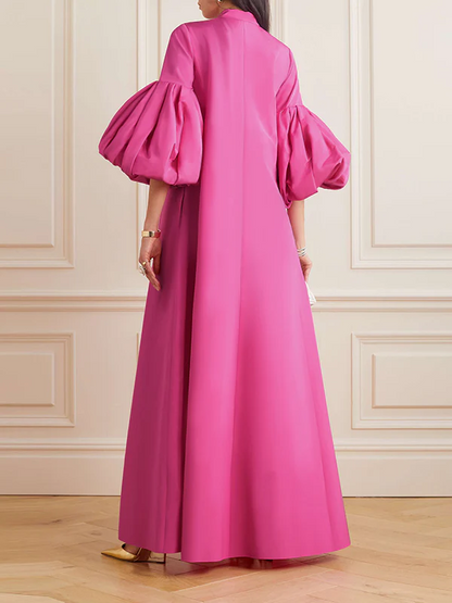 French Elegant Solid Colour Stand Collar Lantern Sleeve Long Dress