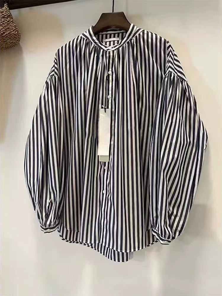 Casual Gray Oversized Striped Cotton Long Sleeve Shirt