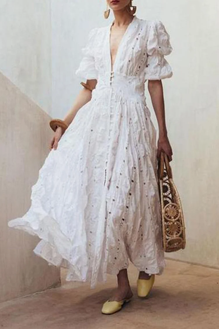 French Elegant White V-Neck Short Sleeve Long Dresses