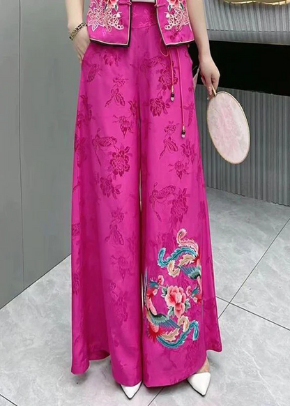 Elegant Embroidery High Waist Pocket Patchwork Silk Wide Leg Pants