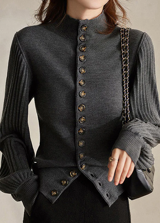 Elegant Collar Button Patchwork Lantern Sleeve Knit Top