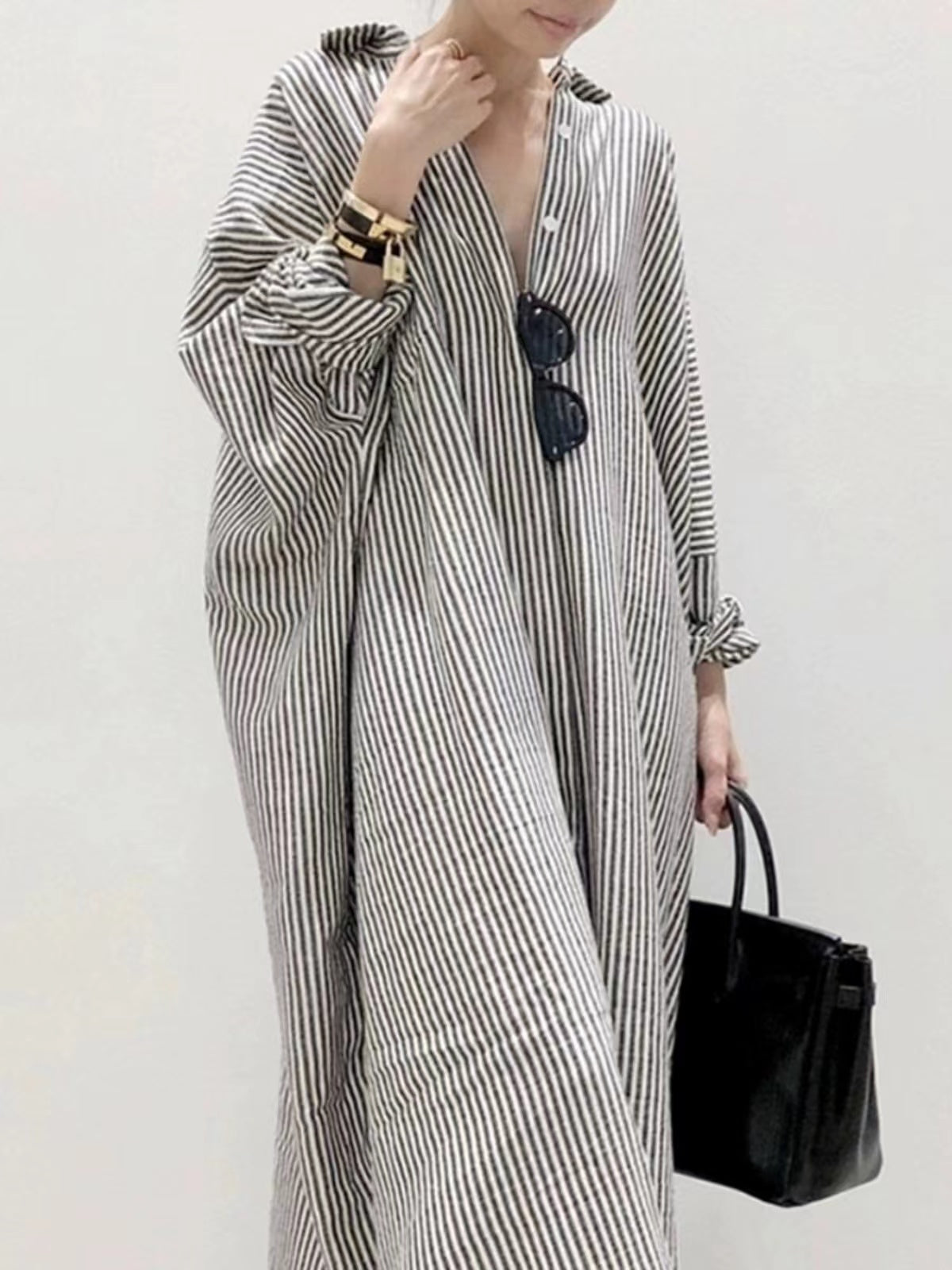 Loose Cotton Lapel Striped Long Sleeve Shirt Dress