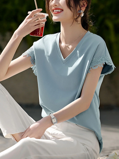 Elegant Shoulder Sleeve Lace Patchwork Short Sleeve Blouse Top