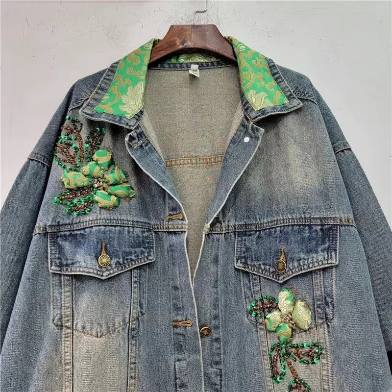 Vintage Patchwork Printed Beaded Denim Jacket