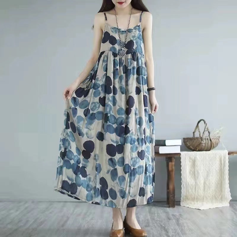 Halter Printed Polka Dot Cotton Linen Long Dress