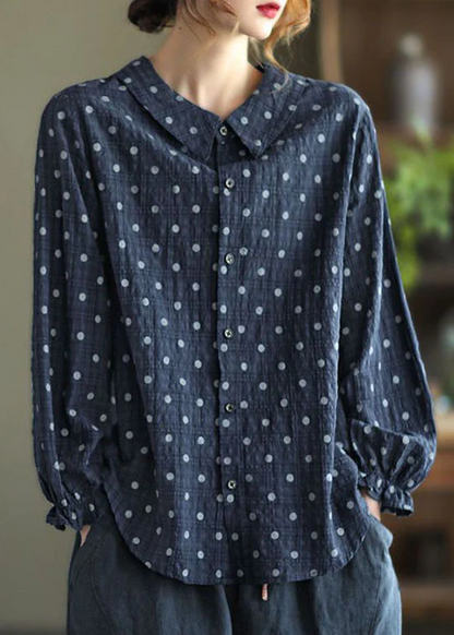 Casual Button Dot Print Lantern Sleeve Shirt Top