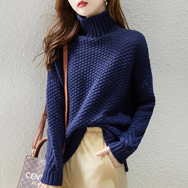 Loose high neck patchwork knit cotton sweater