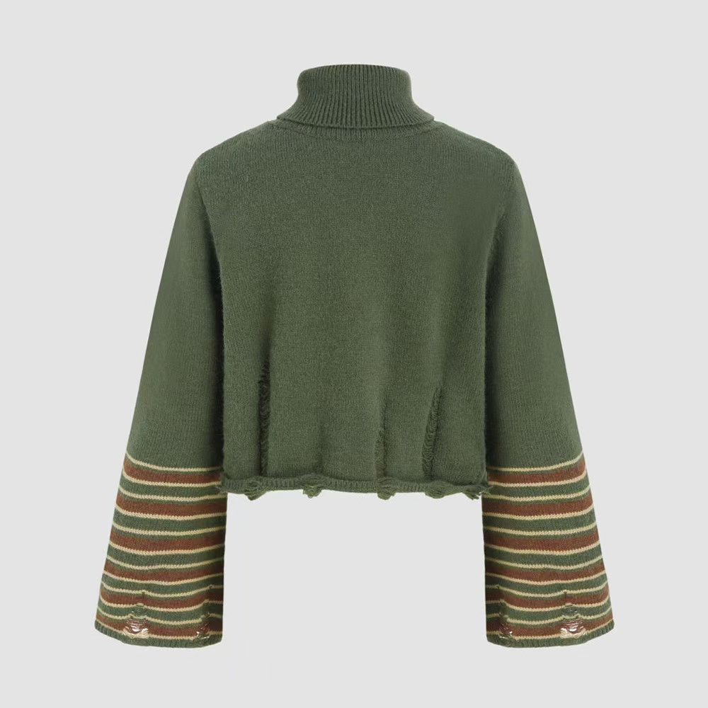 Vintage Green Turtleneck Knit Striped Sweater