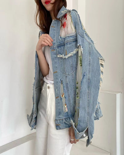 Fashion Embroidery Flower Patchwork Thin Mesh Sun Screen Denim Jacket