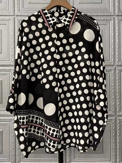 Fashion Black and White Polka Dot Silk Long Sleeve Shirt