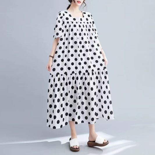 Plus Size Polka Dot Square Neck Short Sleeve Long Dresses