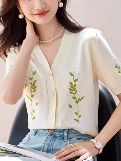 Elegant V-neck embroidered floral knit short sleeve cardigan