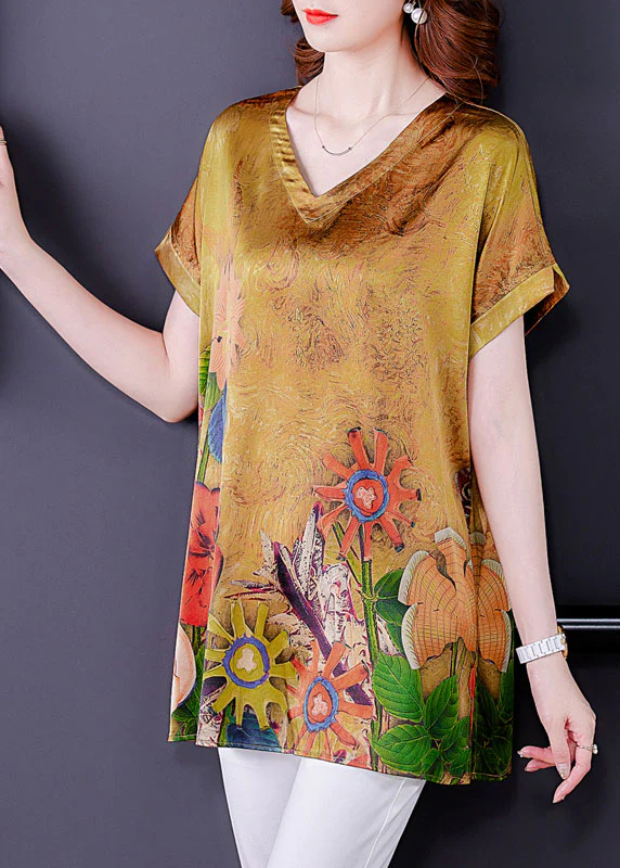 Elegant V-Neck Design Printed Side Split Silk Short Sleeve Top