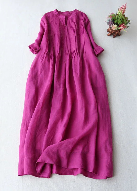 French V-Neck Pleated Pocket Patchwork Linen Dress Summer