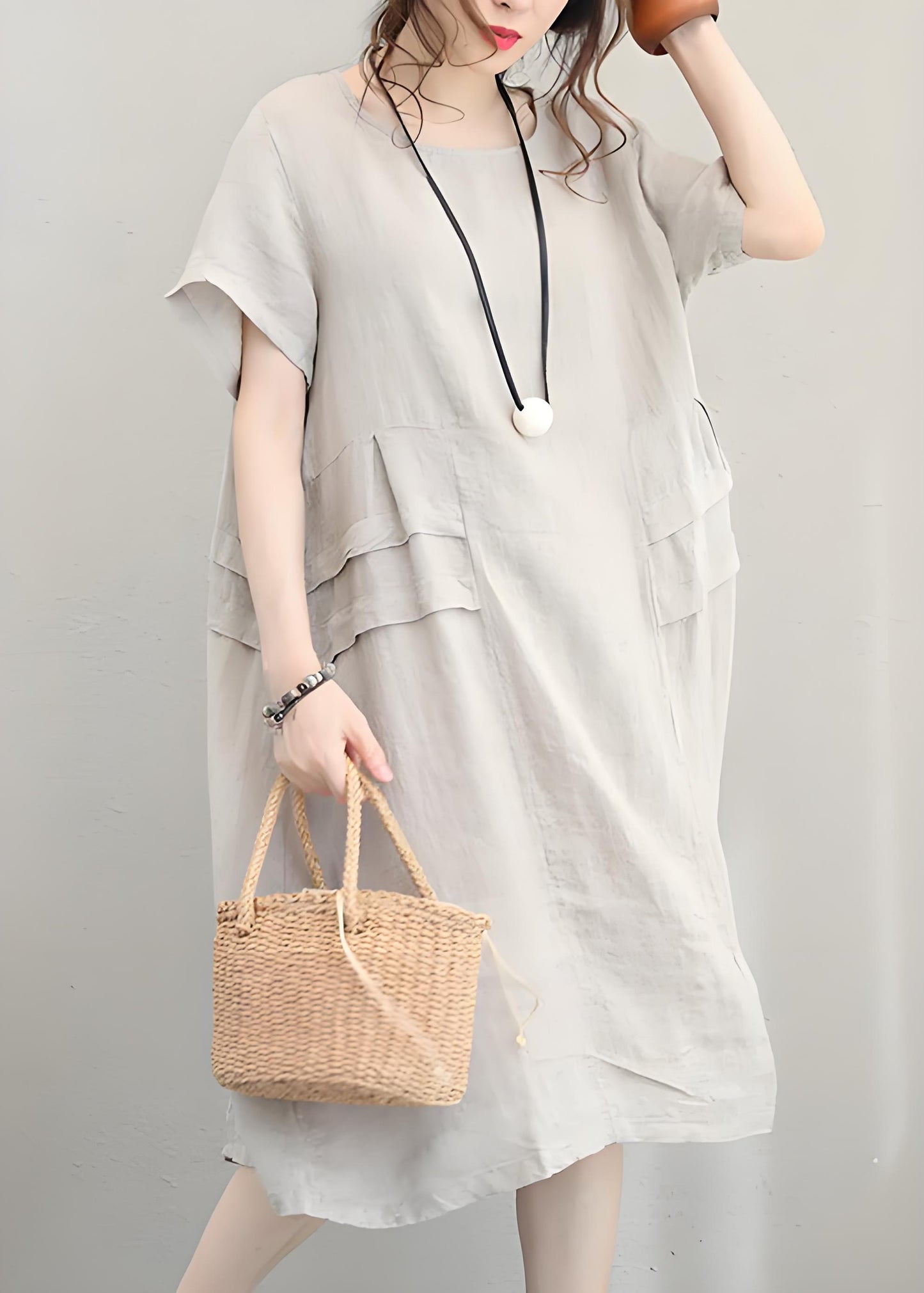 Women's Plus Size Beige O Neck Patchwork Cotton Dress