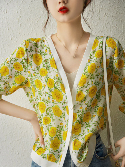 Elegant Printed Cardigan Shirt Top