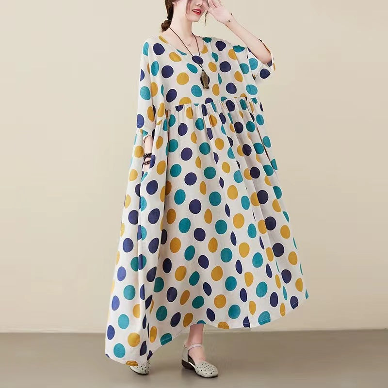 Elegant Colorful Polka Dot Short Sleeve Long Dress