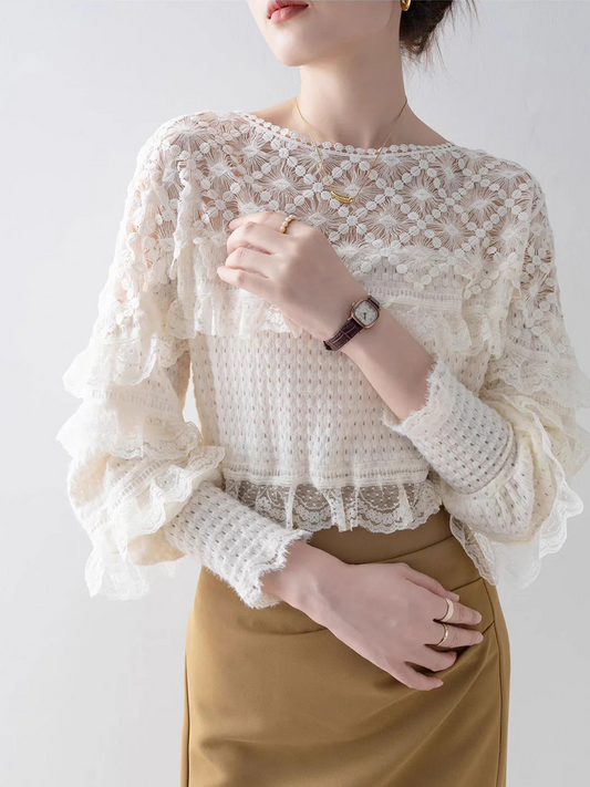 Elegant Round Neck Solid Color Patchwork Lace Short Sleeve Blouse Top