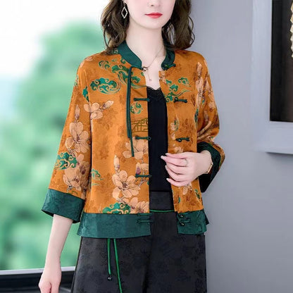 Chinese Style Printed Color Clashing Button Shirt Top