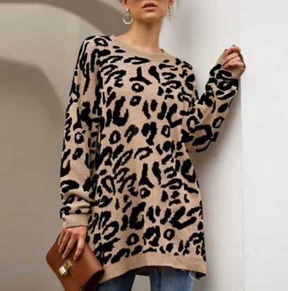 Crew neck leopard print long sleeve jumper