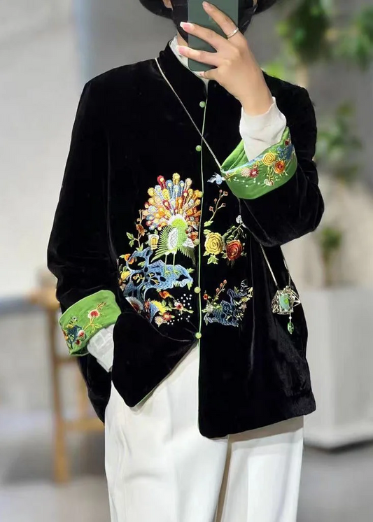 Chinese Style Standing Collar Embroidered Patchwork Velvet Jacket