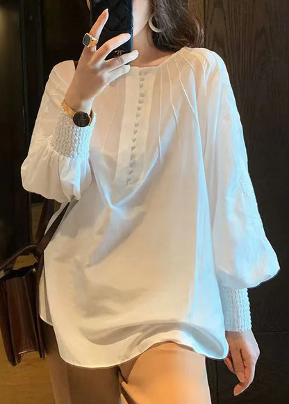 Women's White Embroidered Button Cotton Shirt Lantern Sleeve Spring