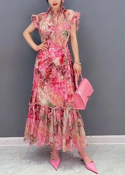 French Pink Ruffle Embellished Printed Chiffon Two Piece Dress