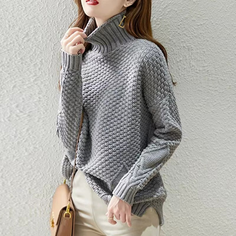 Loose high neck patchwork knit cotton sweater