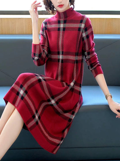 Fashion Red High Neck Plaid Cashmere Knit Sweater Midi Dresses