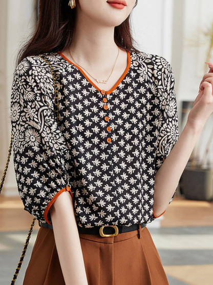 French V-Neck Printed Color Clash Long Sleeve Shirt Top