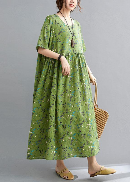 Simple O Neck Printed Loose Long Dress Half Sleeve