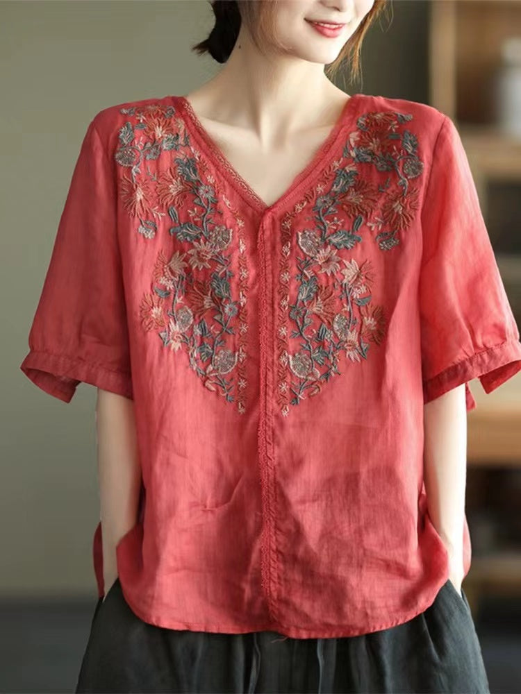 French Vintage Embroidered Cardigan Cotton Short Sleeve Shirt Top