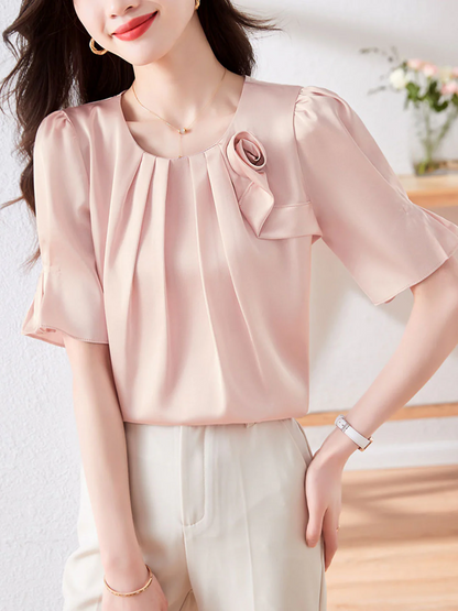 Elegant Round Neck Floral Satin Chiffon Short Sleeve Blouse Top