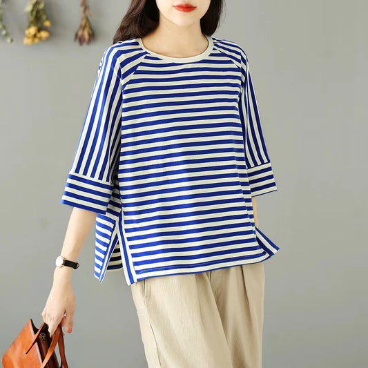 Loose Striped Short Sleeve Side Bone Split T-Shirt Top