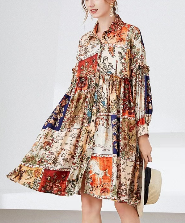 Elegant Printed Lapel Long Sleeve Cardigan Dress