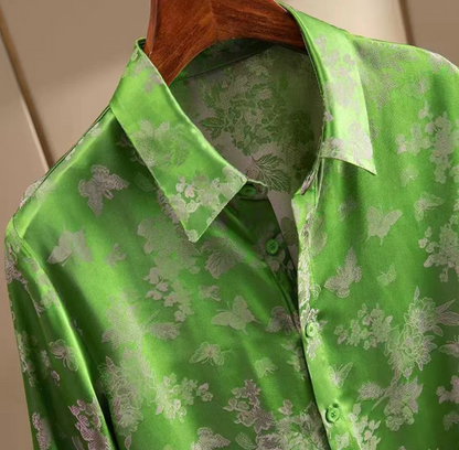 Chinese Style Green Printed Silk Jacquard Shirt Top