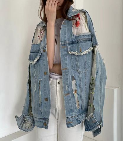 Fashion Embroidery Flower Patchwork Thin Mesh Sun Screen Denim Jacket