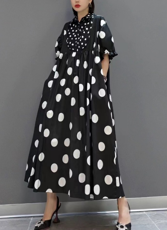 Casual Black and White Polka Dot Short Sleeve Shirt Dress