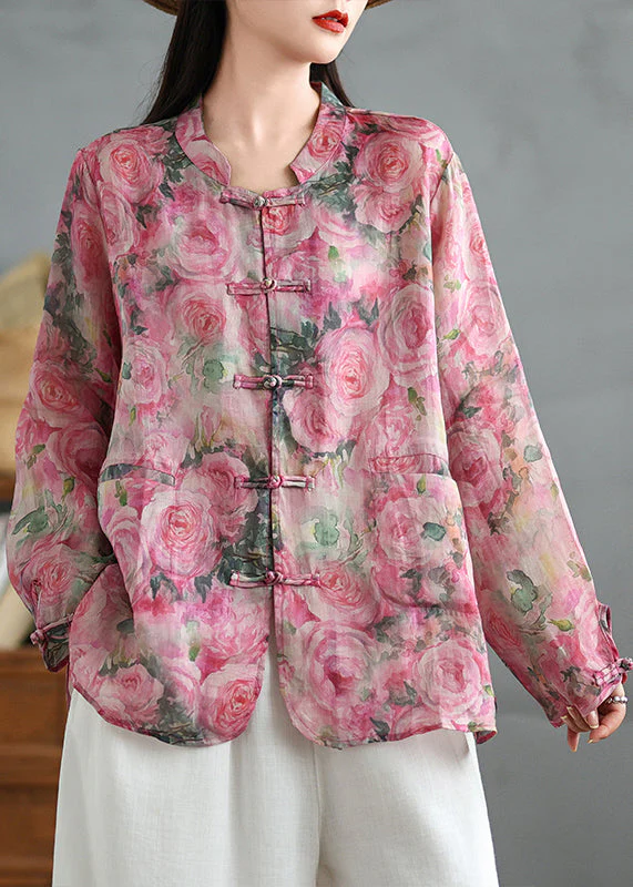 Chinese Style Pink Printed Button Down Linen Shirt