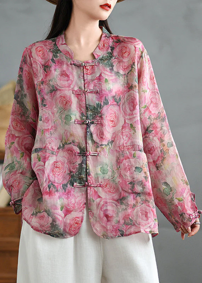 Chinese Style Pink Printed Button Down Linen Shirt