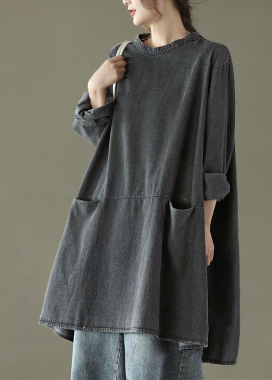 Black Gray Round Neck Pocket Denim Maxi Dress Long Sleeve