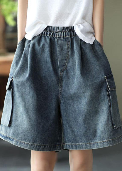 Loose Blue Stretch Waist Wide Leg Denim Shorts