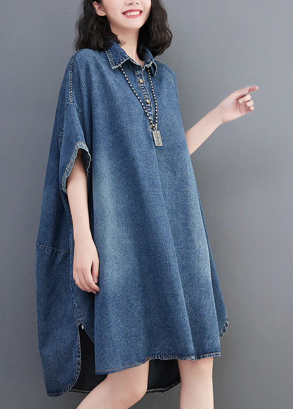 Loose Blue Button Down Short Sleeve Lapel Denim Dress