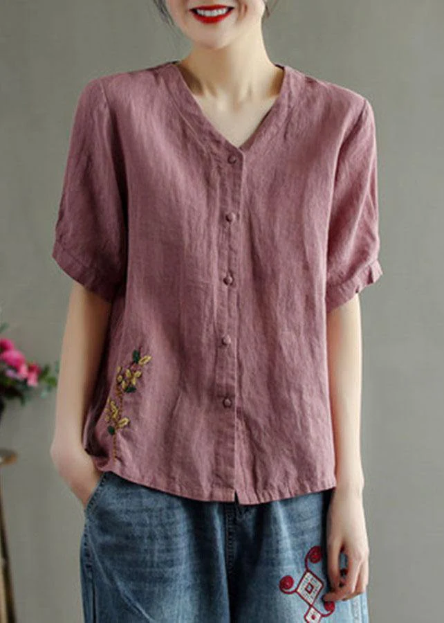 V-neck embroidered floral linen shirt